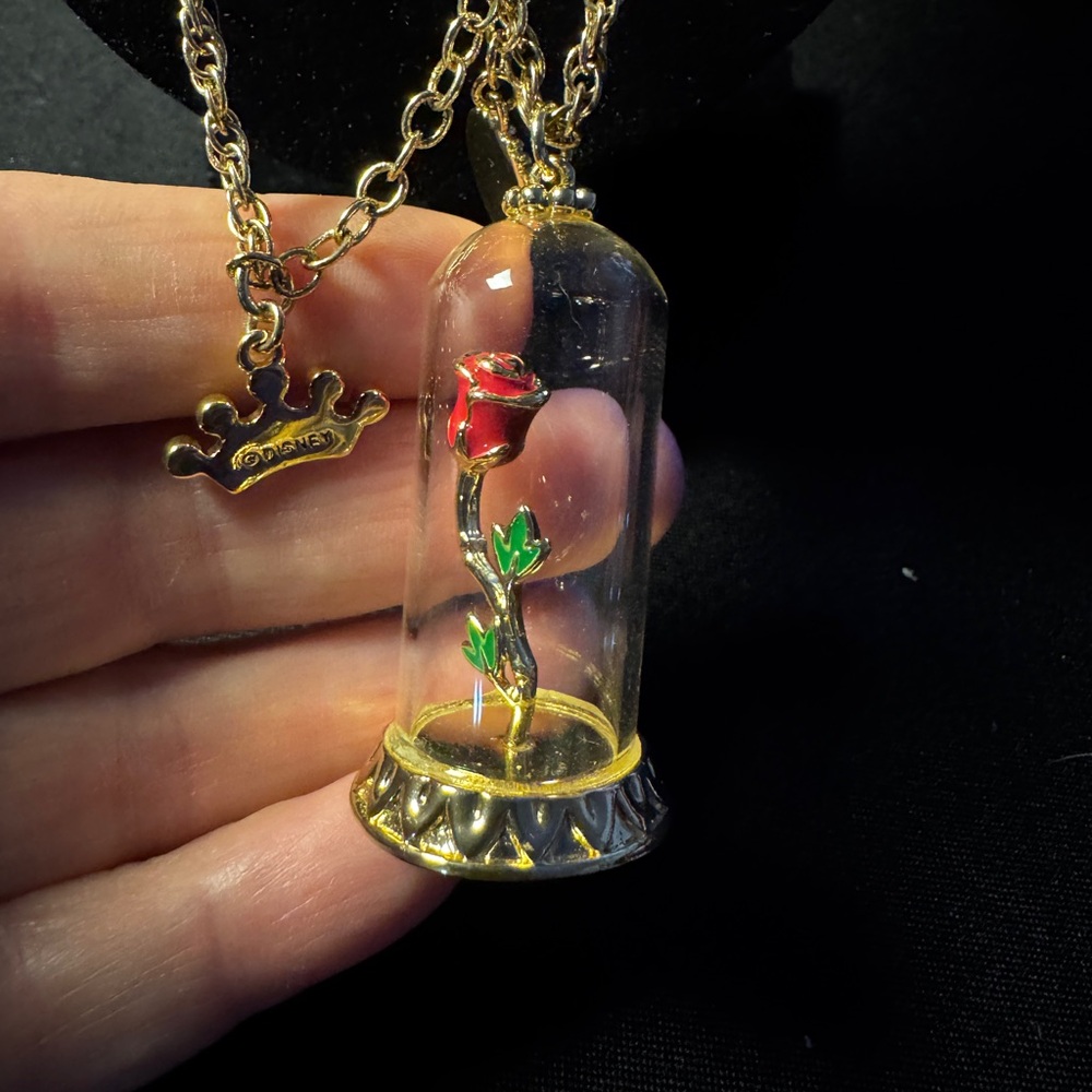Belle Disney couture kingdom Gold and Red Rose Pendant Necklace
